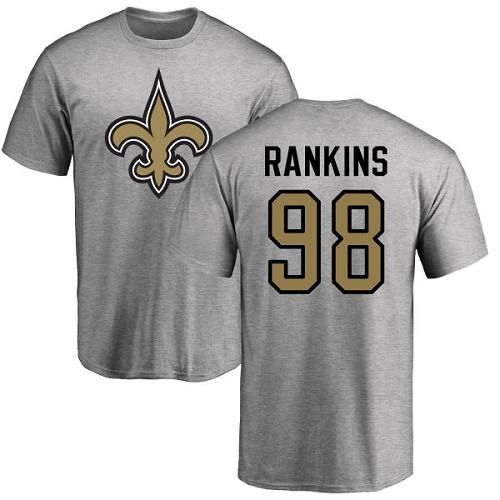 Men New Orleans Saints Ash Sheldon Rankins Name and Number Logo NFL Football #98 T Shirt->nfl t-shirts->Sports Accessory